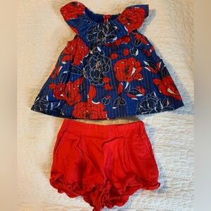 Janie and Jack outfit, floral red white blue ruffle collar shirt, red shorts